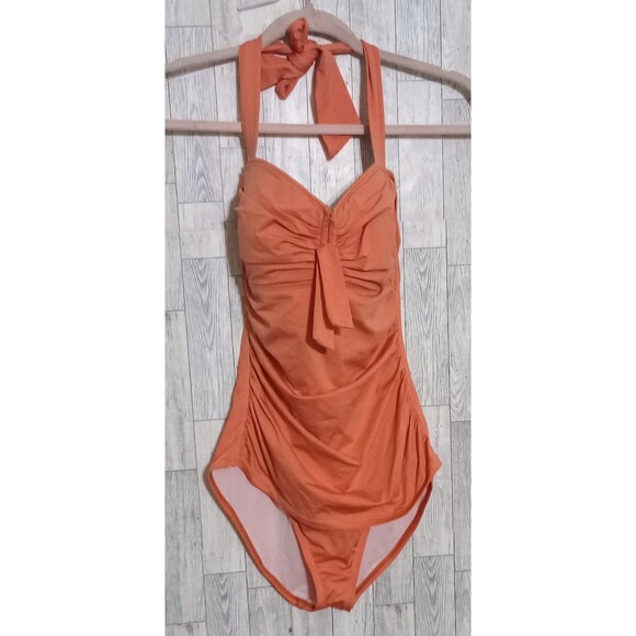 Tommy Bahama SwimSuit Coral One Piece Ruched Halter Cruise Resort Size 10 - Picture 1 of 6